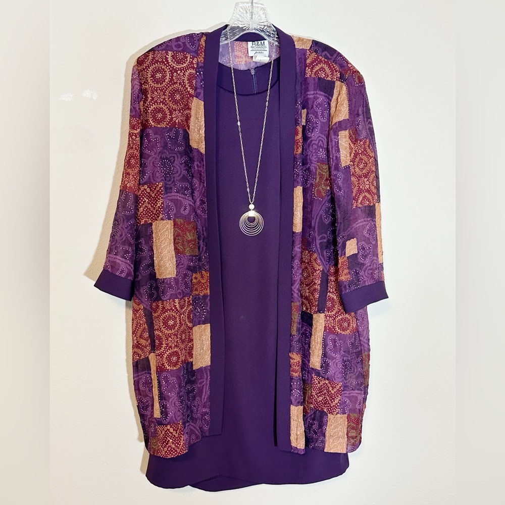 R&M Richards Two Piece Printed Purple and Tan Petite Jacket and Dress Set- 14P